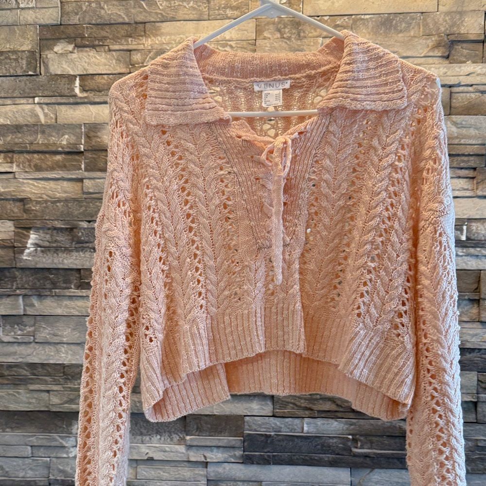 Venus Peach Knit Openwork Collared Sweater